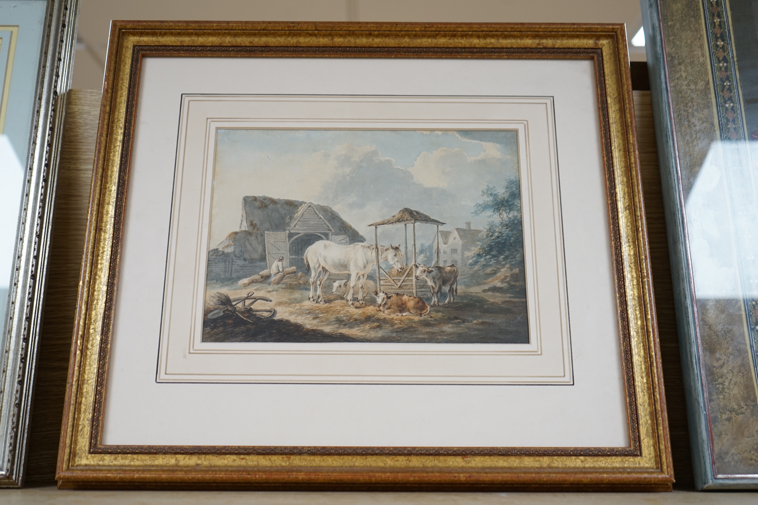 19th century school, ink and watercolour, Farmstead scene, indistinctly signed lower right, 18.5 x 25cm. Condition - fair